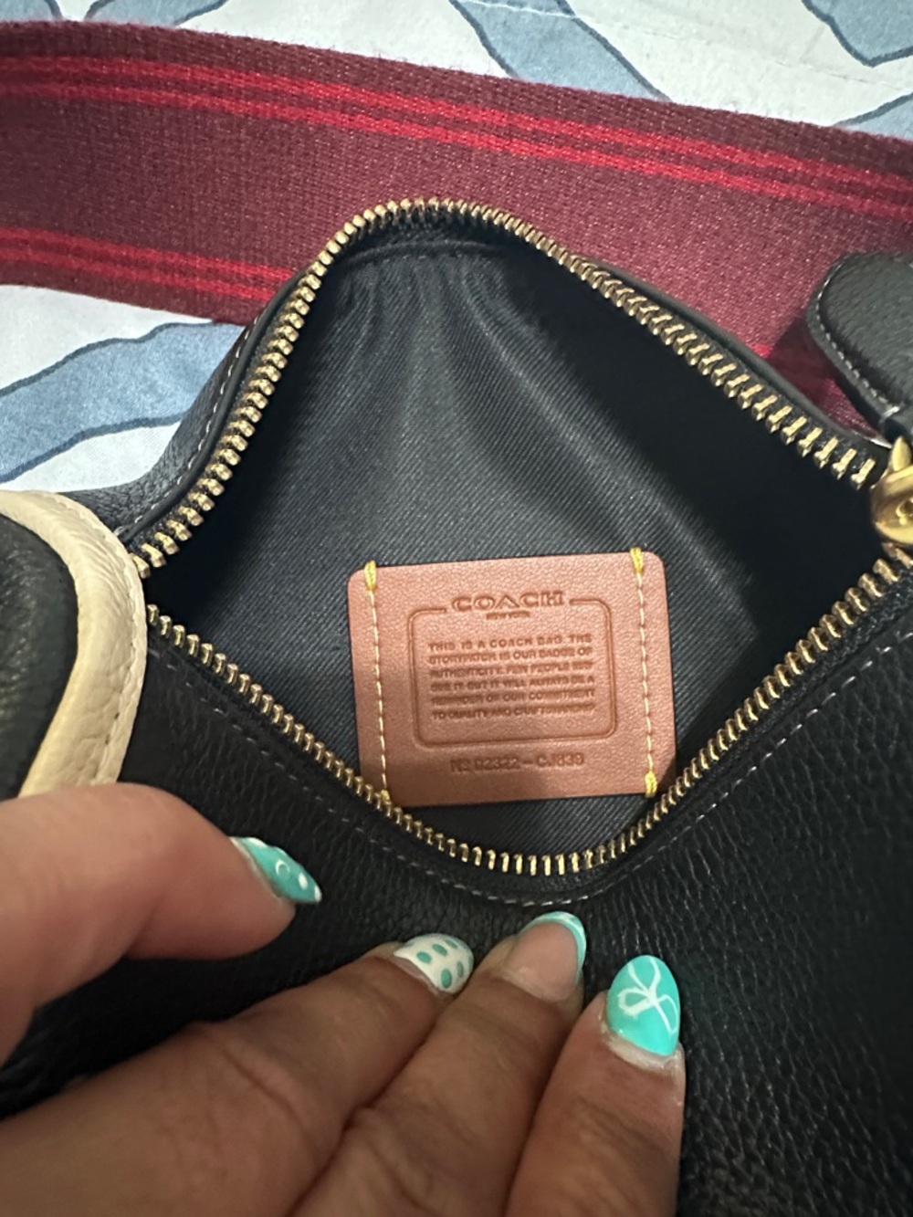 COACH Black Mini Barrel Bag with Red Strap and Cream Trim - Picture 6 of 7